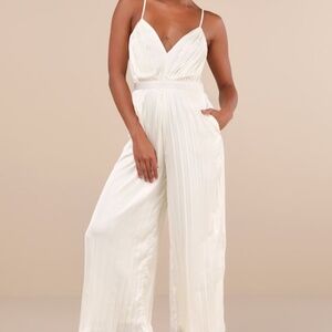 Lulus Stellar Poise Ivory Pleated Satin Wide-leg Jumpsuit White - Size L
